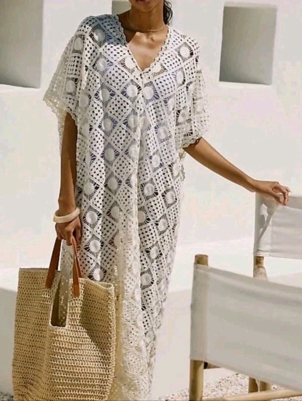 Anthropologie Ivory Crochet Maxi Swim Coverup Kaftan Size M/L